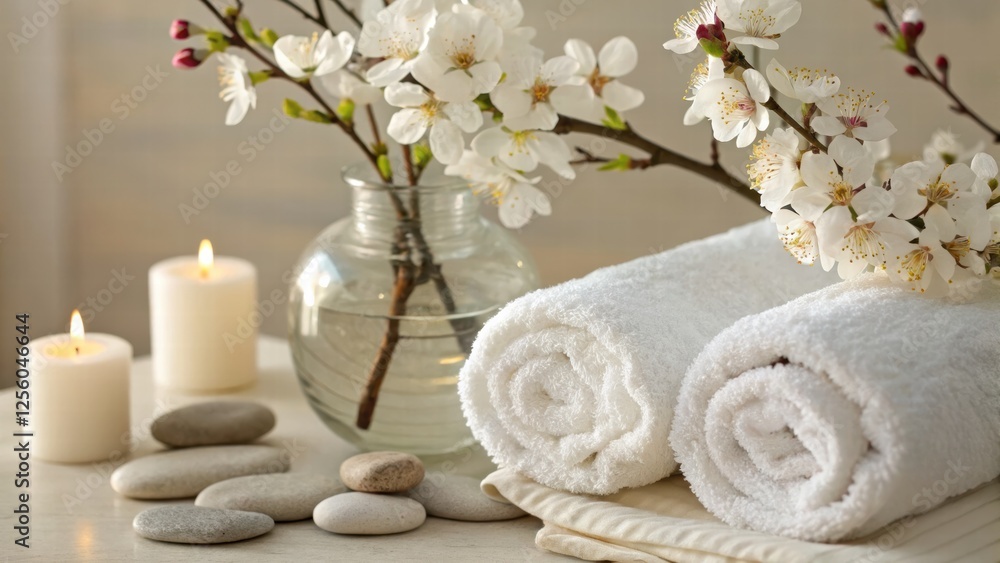 White towel on table with candle and flowers arranged for a serene and relaxing atmosphere White towel on table with candle and flowers arranged for a serene and relaxing atmosphere
