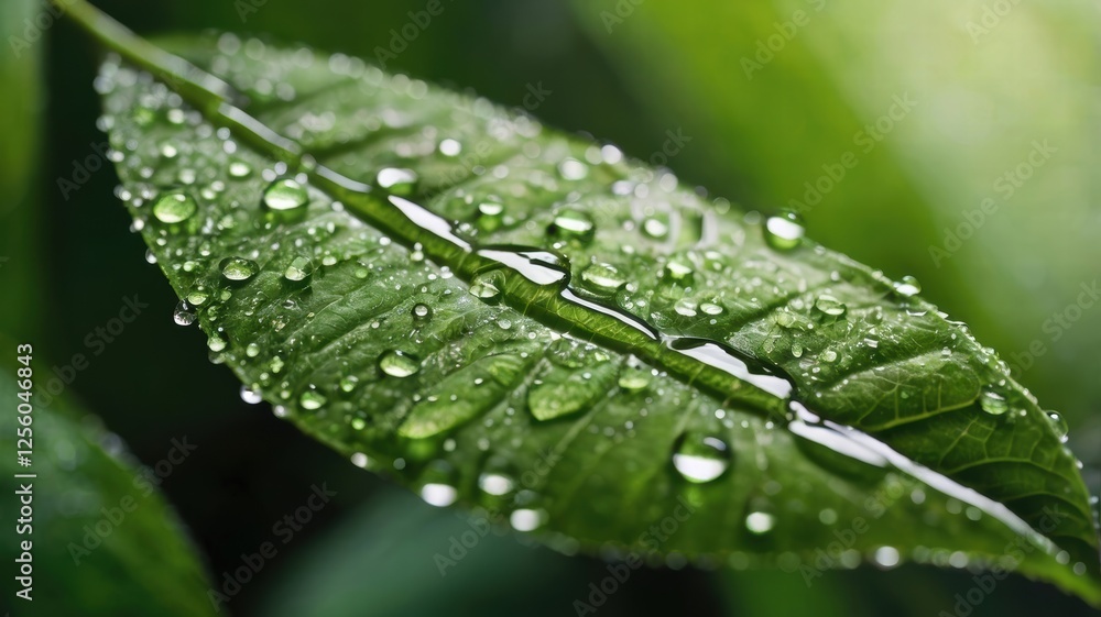 Green leaf with water droplets showcasing natures beauty and freshness in a natural setting Green leaf with water droplets showcasing natures beauty and freshness in a natural setting