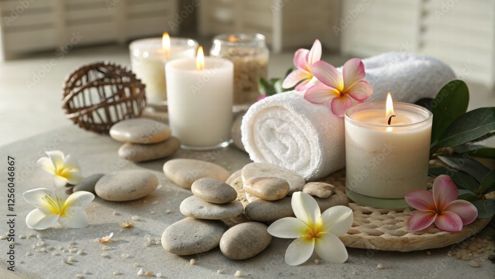 Candle towel and fresh flowers arranged on a wooden table for relaxing atmosphere Candle towel and fresh flowers arranged on a wooden table for relaxing atmosphere