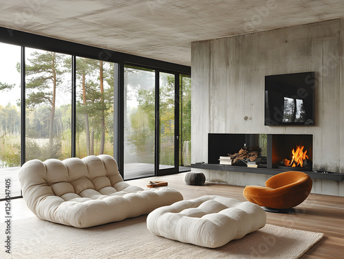 Elegant Coastal Living Room With Breathtaking Ocean View, Natural Materials Create a Serene Atmosphere in a Rustic Home