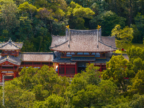 The Byodo In Temple in Oahu, Hawaii, features red wooden structures, a curved tiled roof, and golden accents, set amidst dense trees and greenery. photo