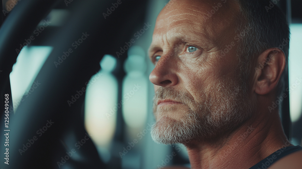 Man working out on gym machines, focused intensity, cool light tones. Man working out on gym machines, focused intensity, cool light tones.