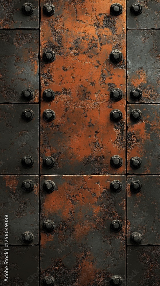 Fototapeta premium Rusty metal wall with rivets and weathered surface details