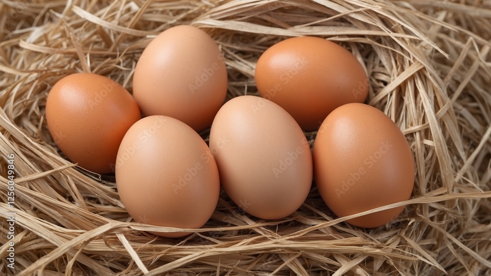Brown chicken eggs with nest of hay background Brown chicken eggs with nest of hay background