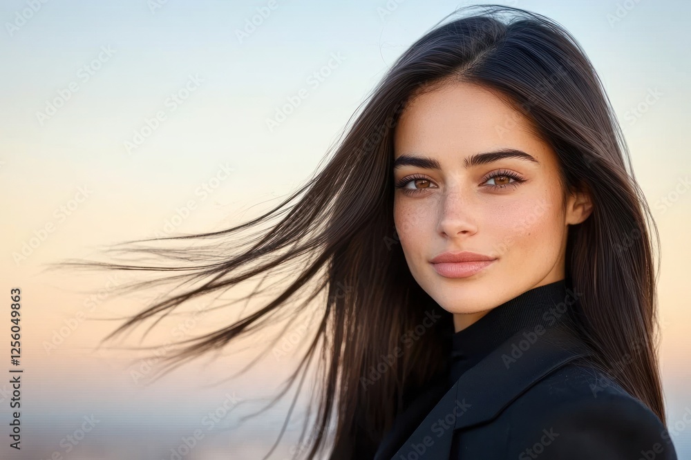 Elegant Young Woman With Flowing Hair At Dusk