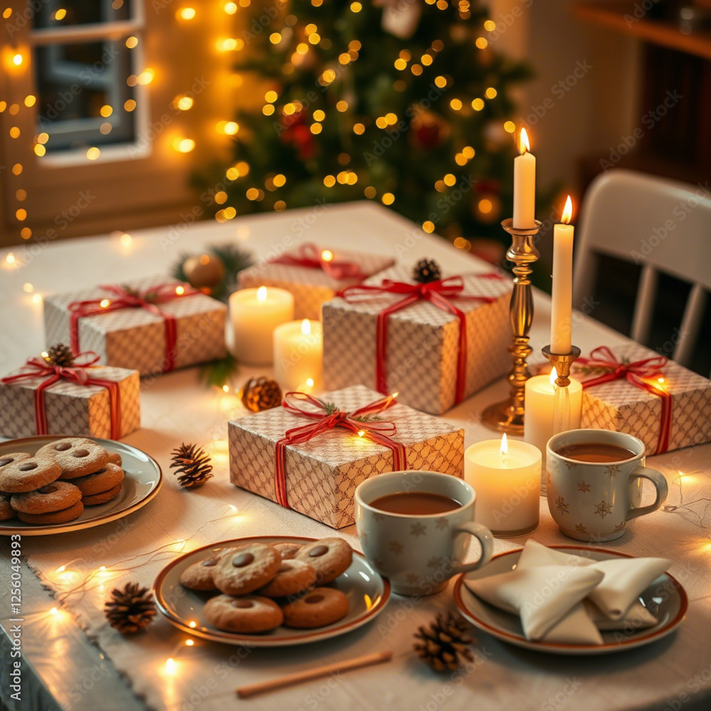 AI-Generated Festive Christmas Table with Warm Candles and Cookies AI-Generated Festive Christmas Table with Warm Candles and Cookies