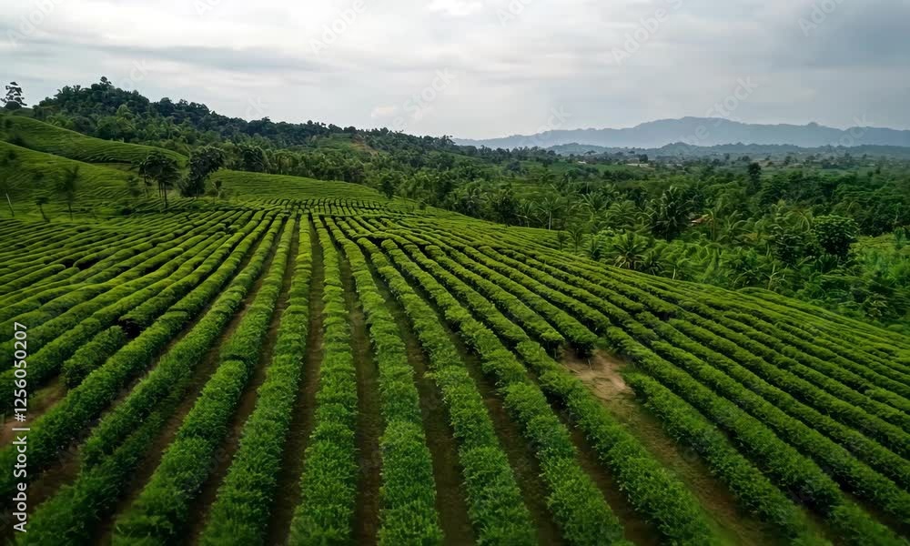An expansive aerial view of meticulously organized tea fields showcasing perfect symmetry, highlighting human efforts in agriculture while connecting community with nature's bounty. An expansive aerial view of meticulously organized tea fields showcasing perfect symmetry, highlighting human efforts in agriculture while connecting community with nature's bounty.