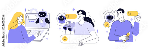 AI search set. Characters use artificial intelligence assistant for internet surfing, online searching, finding answers, research. Seo optimization concept. Vector illustration.