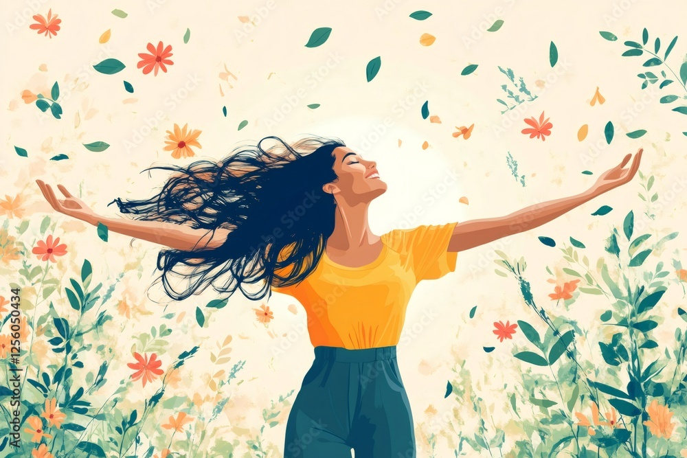Young woman enjoying spring, raising arms amidst falling flowers and leaves Young woman enjoying spring, raising arms amidst falling flowers and leaves