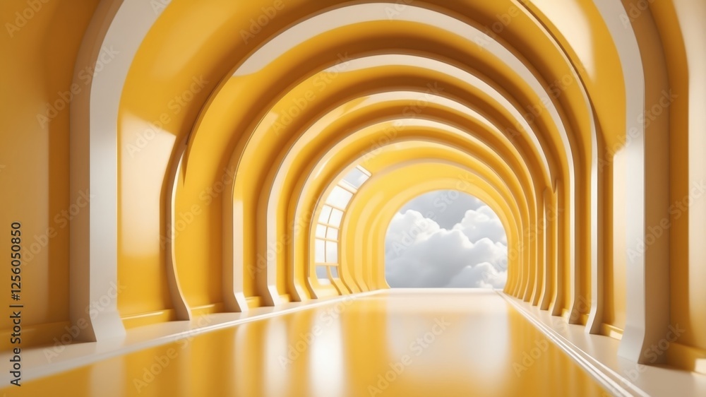 Obraz premium Futuristic yellow tunnel with floating clouds
