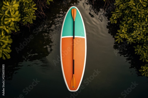 Colorful paddleboard floating peacefully on calm water surrounded by lush greenery at dusk