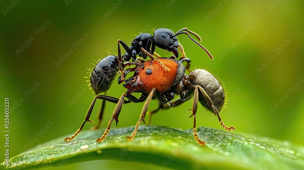 Ants fighting on leaf, green background, macro nature photography Ants fighting on leaf, green background, macro nature photography