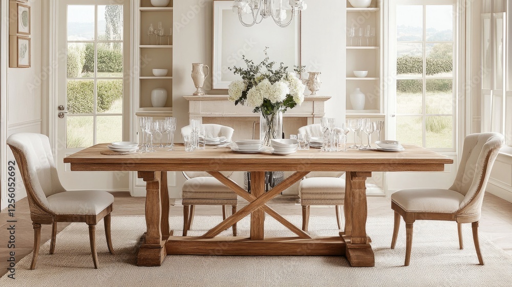 Soft-toned dining area with a wooden table, neutral chairs, and delicate decor such as white flowers or simple glassware Soft-toned dining area with a wooden table, neutral chairs, and delicate decor such as white flowers or simple glassware
