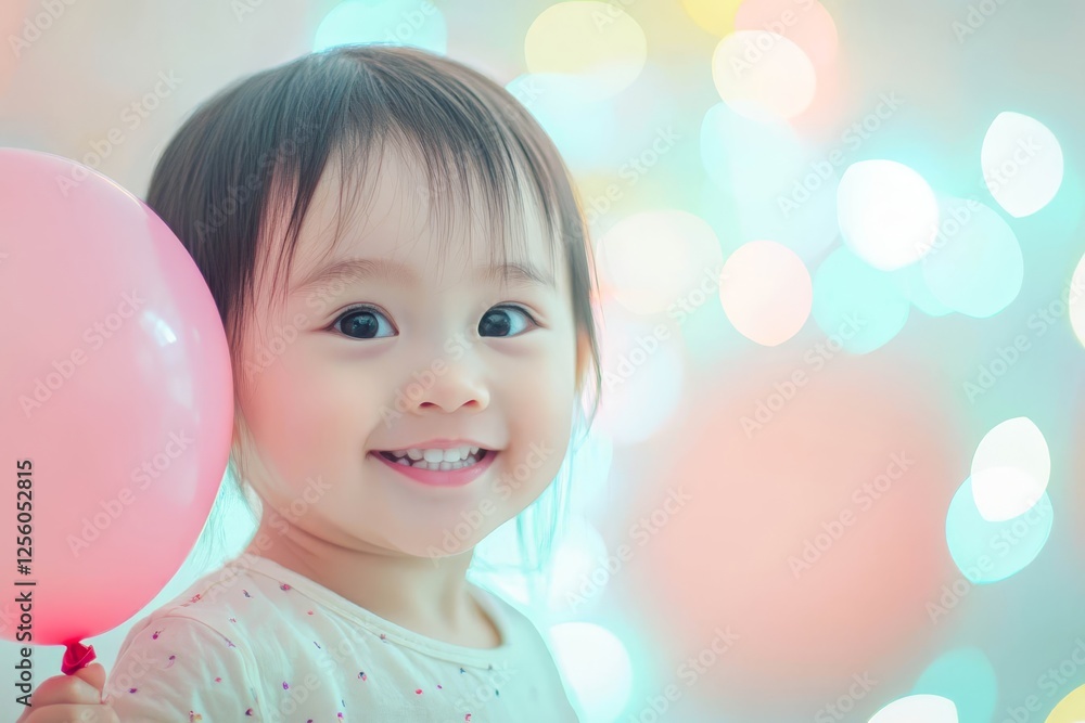 Child holding balloon, smiling brightly on a pastel background. Child holding balloon, smiling brightly on a pastel background.