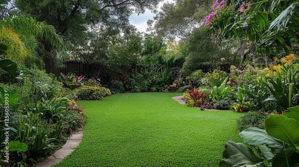Obraz premium A lush garden with a winding stone path, surrounded by various tropical plants and trees, creating a serene and inviting atmosphere. The garden features vibrant flowers and dense greenery, making it a