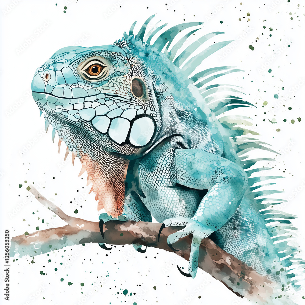 Fototapeta premium Illustration of Common Green Iguana sitting on the branch, soft watercolor tones, white background, detailed illustration, cartoonish.