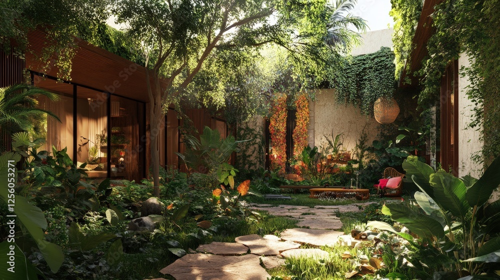 Obraz premium A lush garden with a winding stone path, surrounded by various tropical plants and trees, creating a serene and inviting atmosphere. The garden features vibrant flowers and dense greenery, making it a
