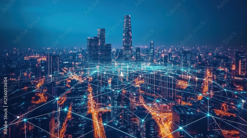 custom made wallpaper toronto digitalA futuristic cityscape where skyscrapers are linked by luminous digital bridges, representing a networked urban environment.