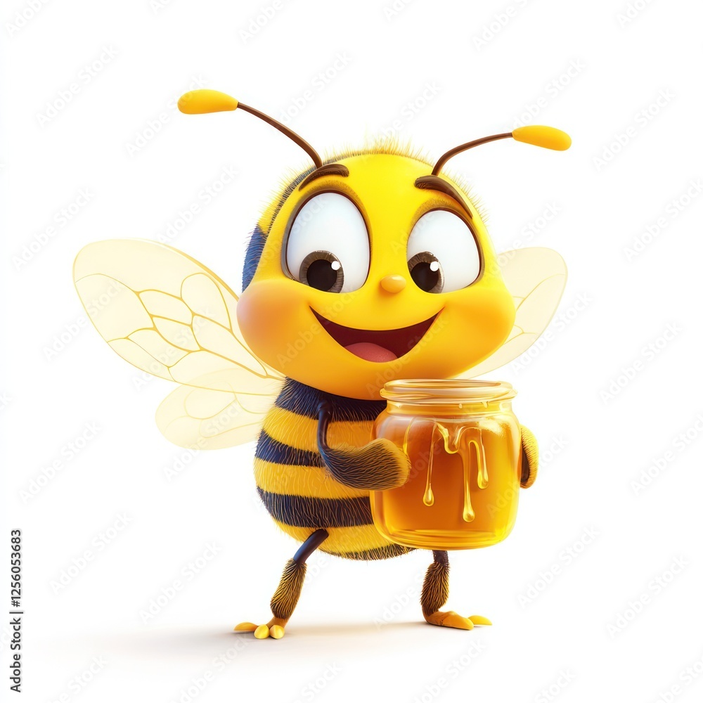 Cartoon bee holding honey jar, against white background. Possible use Children's book illustration, educational material Cartoon bee holding honey jar, against white background. Possible use Children's book illustration, educational material