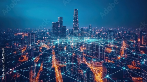 Wallpaper Mural A futuristic cityscape where skyscrapers are linked by luminous digital bridges, representing a networked urban environment. Torontodigital.ca