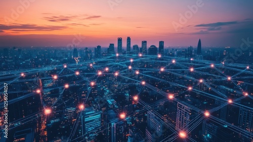 Wallpaper Mural A futuristic cityscape where skyscrapers are linked by luminous digital bridges, representing a networked urban environment. Torontodigital.ca