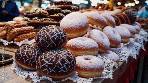 Assorted pastries and doughnuts displayed at a bustling market stall.