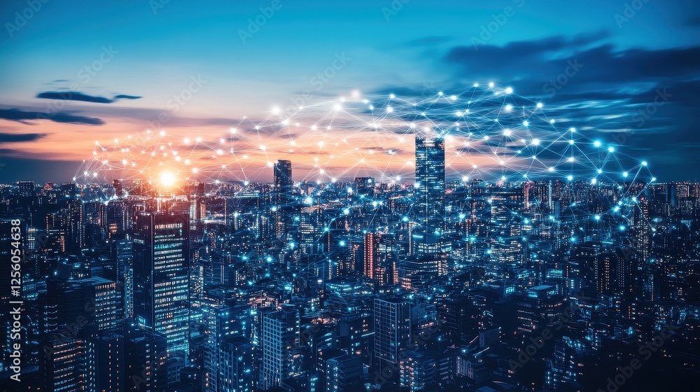 A futuristic cityscape where skyscrapers are linked by luminous digital bridges, representing a networked urban environment. A futuristic cityscape where skyscrapers are linked by luminous digital bridges, representing a networked urban environment.