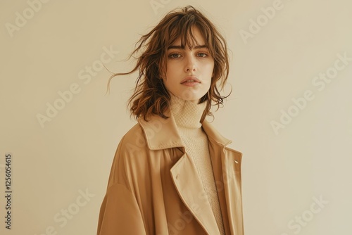 Fashion model in minimalist outfit standing on neutral beige background.