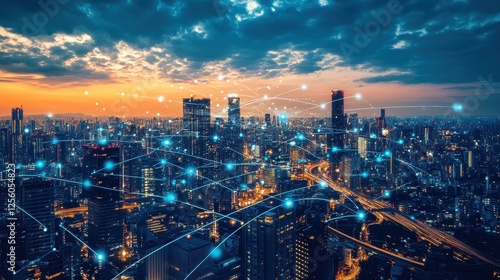 Wallpaper Mural A futuristic cityscape where skyscrapers are linked by luminous digital bridges, representing a networked urban environment. Torontodigital.ca