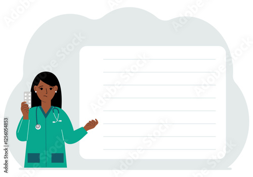 A female doctor holds pills in his hand. There is space for text next to it.