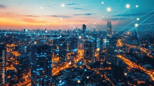 Wallpaper Mural A futuristic cityscape where skyscrapers are linked by luminous digital bridges, representing a networked urban environment. Torontodigital.ca