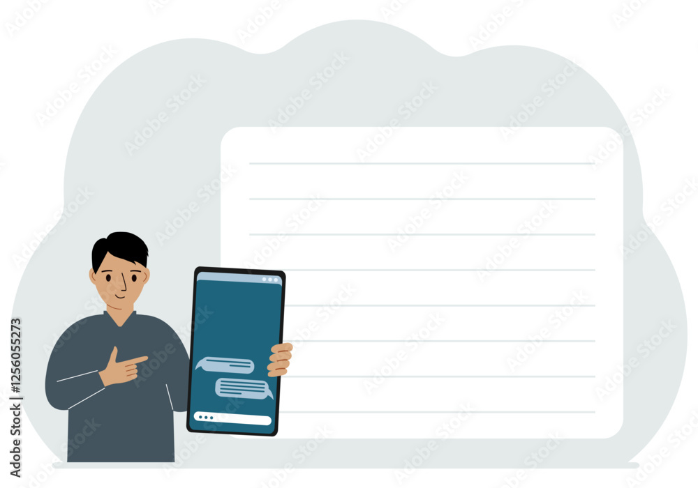 A man holds a mobile phone with correspondence and SMS messages in his hand. Advertising, poster, place for text. A man holds a mobile phone with correspondence and SMS messages in his hand. Advertising, poster, place for text.