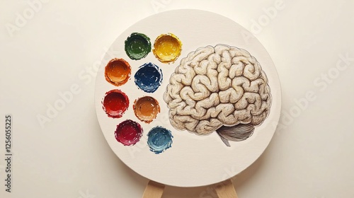 abstract double exposure image showing a drawing palette with colors blending into the outline of a brain, highlighting the flow of ideas and creativity. Double Exposure.[Art]:[Mental development] 