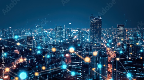 Wallpaper Mural A futuristic cityscape where skyscrapers are linked by luminous digital bridges, representing a networked urban environment. Torontodigital.ca