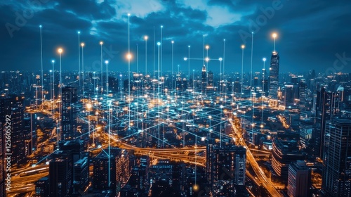 Wallpaper Mural A futuristic cityscape where skyscrapers are linked by luminous digital bridges, representing a networked urban environment. Torontodigital.ca