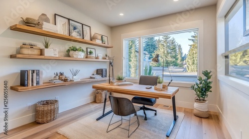Space-efficient home office layout with a small desk  floating shelves  and natural light from large windows for a bright workspace
