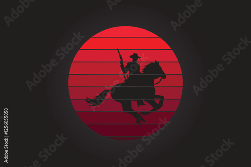 cowboy riding a horse against a massive red emblem