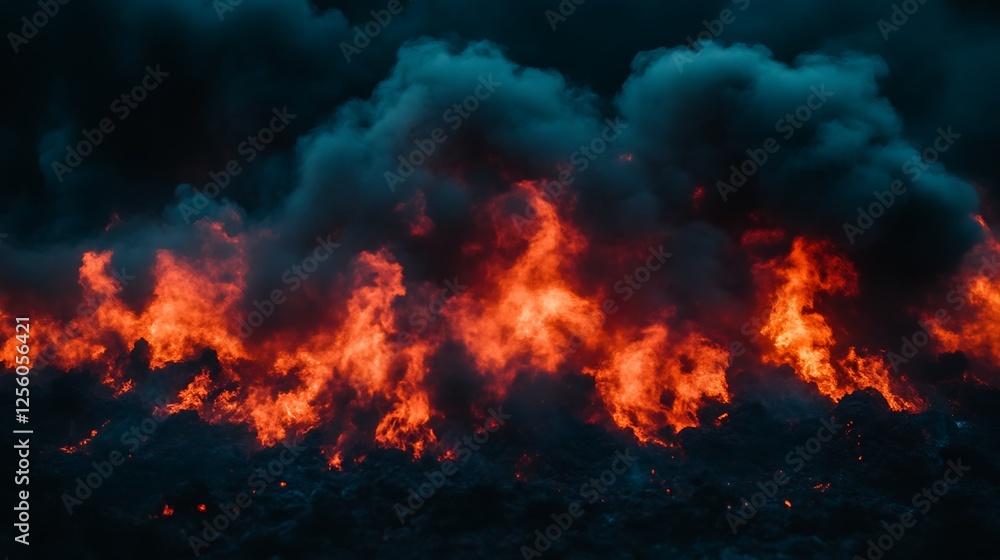 Fiery inferno raging with dark smoke billowing high Fiery inferno raging with dark smoke billowing high
