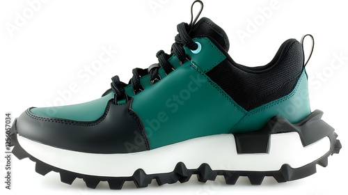 A green and black shoe with a white sole