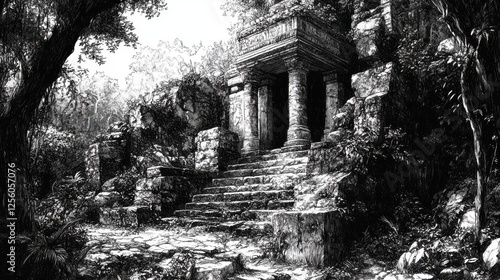 Wallpaper Mural Ancient Stone Temple Ruins Surrounded by Lush Greenery and Mysterious Shadows in a Black and White Artistic Rendering Torontodigital.ca