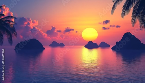 A beautiful sunset over a calm ocean with silhouettes of distant islands