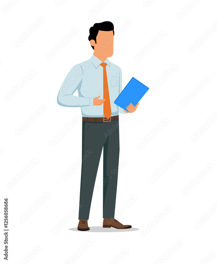 A vector illustration of a faceless businessman in a light blue shirt, orange tie, and dark pants, holding a blue clipboard. Perfect for corporate, office, and professional themes. A vector illustration of a faceless businessman in a light blue shirt, orange tie, and dark pants, holding a blue clipboard. Perfect for corporate, office, and professional themes.