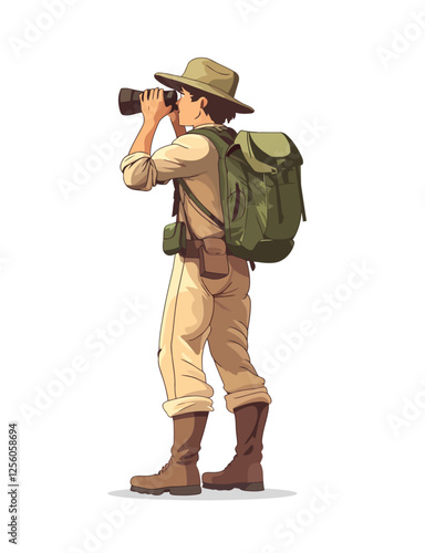 Vector illustration of a male explorer in safari attire with a backpack, binoculars, and boots, scanning the horizon. Perfect for travel, adventure, and outdoor-themed projects.