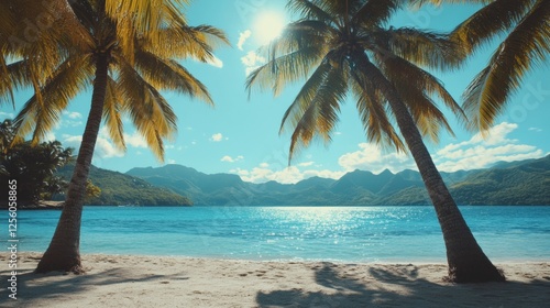 Fototapeta Naklejka Na Ścianę i Meble -  Stunning tropical beach scene with palm trees and crystal clear water on a sunny caribbean day