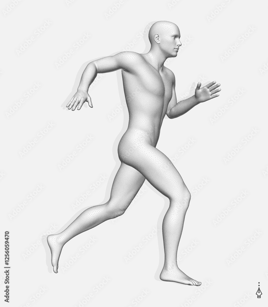 Running man or marathon runner. 3D human body model. Design for sport. Vector illustration for cover, card, postcard, interior design, banner, poster, brochure or presentation. Running man or marathon runner. 3D human body model. Design for sport. Vector illustration for cover, card, postcard, interior design, banner, poster, brochure or presentation.