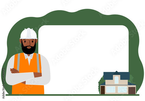Male builder against the background of a large poster or advertisement, a small house nearby. Building work, service.