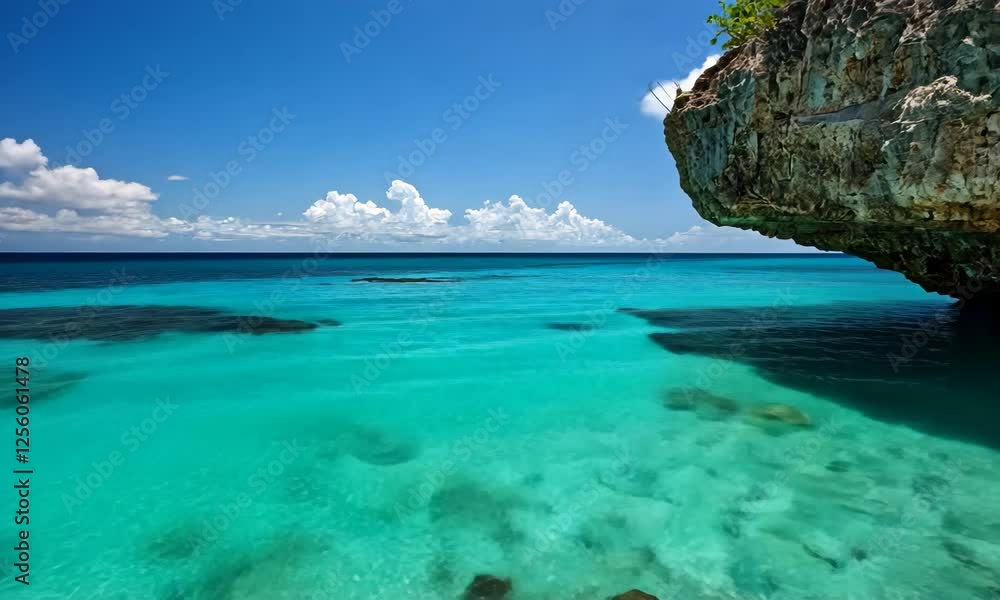 A tranquil seascape showcasing clear turquoise waters beneath a rocky ledge, highlighting the beauty of nature and serenity of the beach environment.