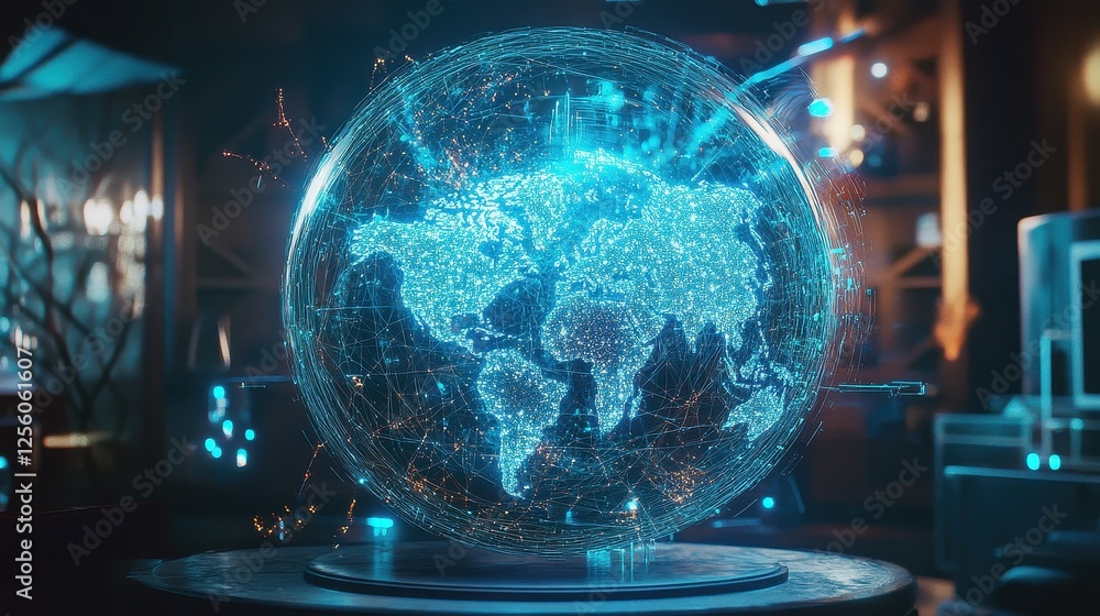 Fototapeta premium A globe made entirely of holographic light, surrounded by abstract data symbols, representing world trade connections, modern, clean, tech. 