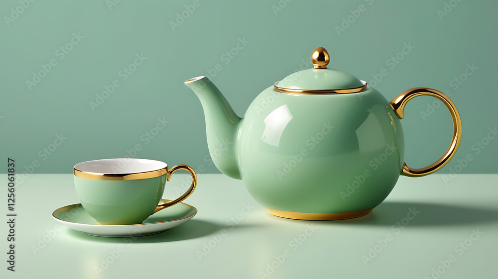 A modern green and gold trimmed teapot with matching beauty teacup and plate on a background. A modern green and gold trimmed teapot with matching beauty teacup and plate on a background.