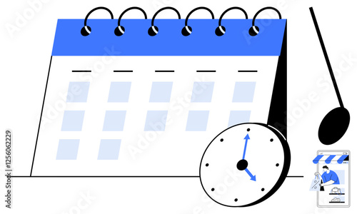 Desk calendar, clock, business card, and pendulum combined in a flat design. Ideal for scheduling, time management, business planning, punctuality daily tasks organization and efficiency. Abstract